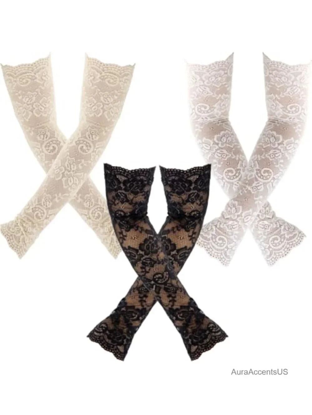 3 Pairs Women Long Lace Glove Sunblock Fingerless Arm Sleeves Stretchy Elbow